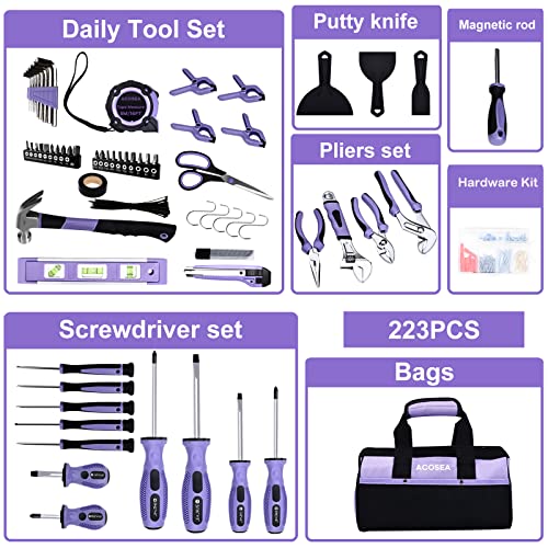 Purple 223-Piece Tool Set with Tool Bag for Home Maintenance S954