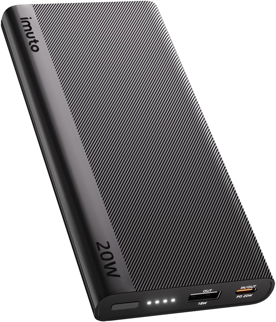 imuto Portable Charger, Slim 20W PD 10000mAh Power Bank, USB C in & Out Fast Charging Battery Pack, Travel Essential External Phone Charger for iPhone, iPad, Samsung, Google, LG