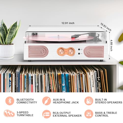 Vinyl Record Player with Built-in Speakers, 3-Speed, White Rose Gold Q78340