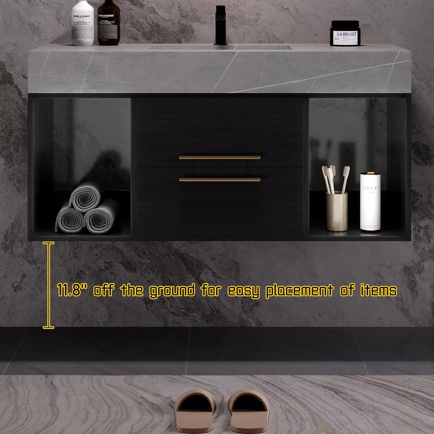 Bathroom Vanity with Sink, 39.4 Inches, Floating Design, 2 Cabinets, 2 Drawers P659255