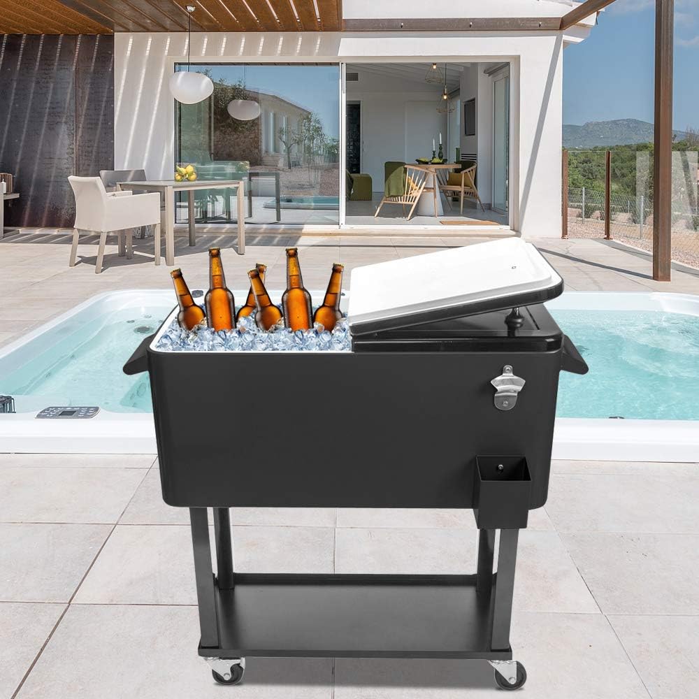80 Quart Rolling Ice Chest Cooler Cart with Shelf and Bottle Opener J482570