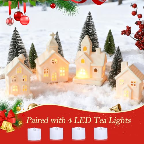 7PCS Christmas Village Sets - 3 LED Lighted Ceramic Houses with Remote & 4 Trees, Porcelain Miniature Decorations X236956