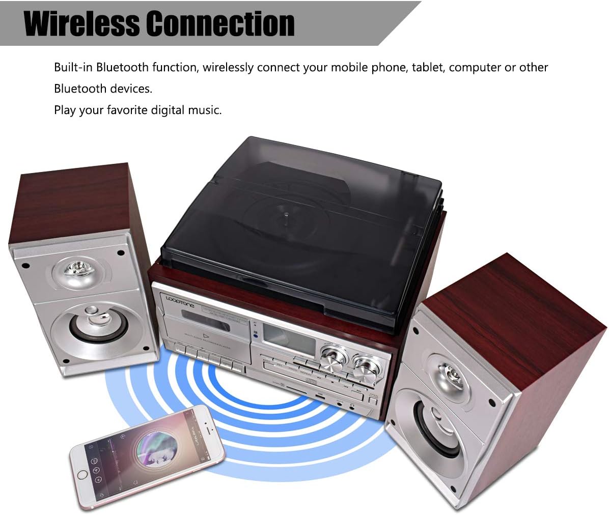 Vinyl Record Player with Dual 15W Speakers, Bluetooth, 3-Speed Turntable Z698
