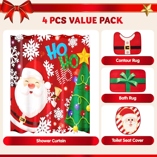 Christmas Bathroom Set with Shower Curtain, Bath Mat, Toilet Cover and Rug Y8183