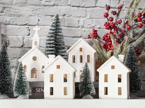 7PCS Christmas Village Sets - 3 LED Lighted Ceramic Houses with Remote & 4 Trees, Porcelain Miniature Decorations X236956