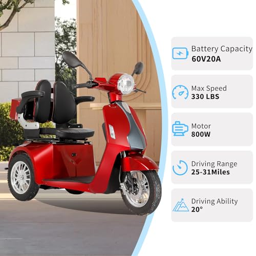 Heavy Duty 3 Wheel Mobility Scooter for Adults, 500 lbs Capacity, Red X9763