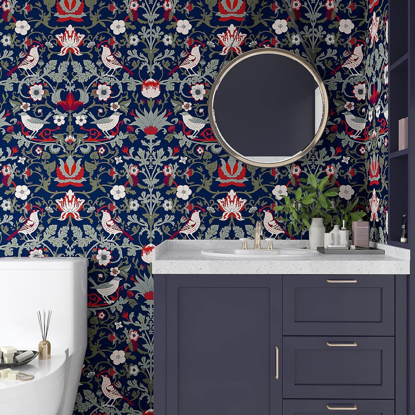Vintage Floral Peel and Stick Wallpaper, Navy Blue, Removable G71581