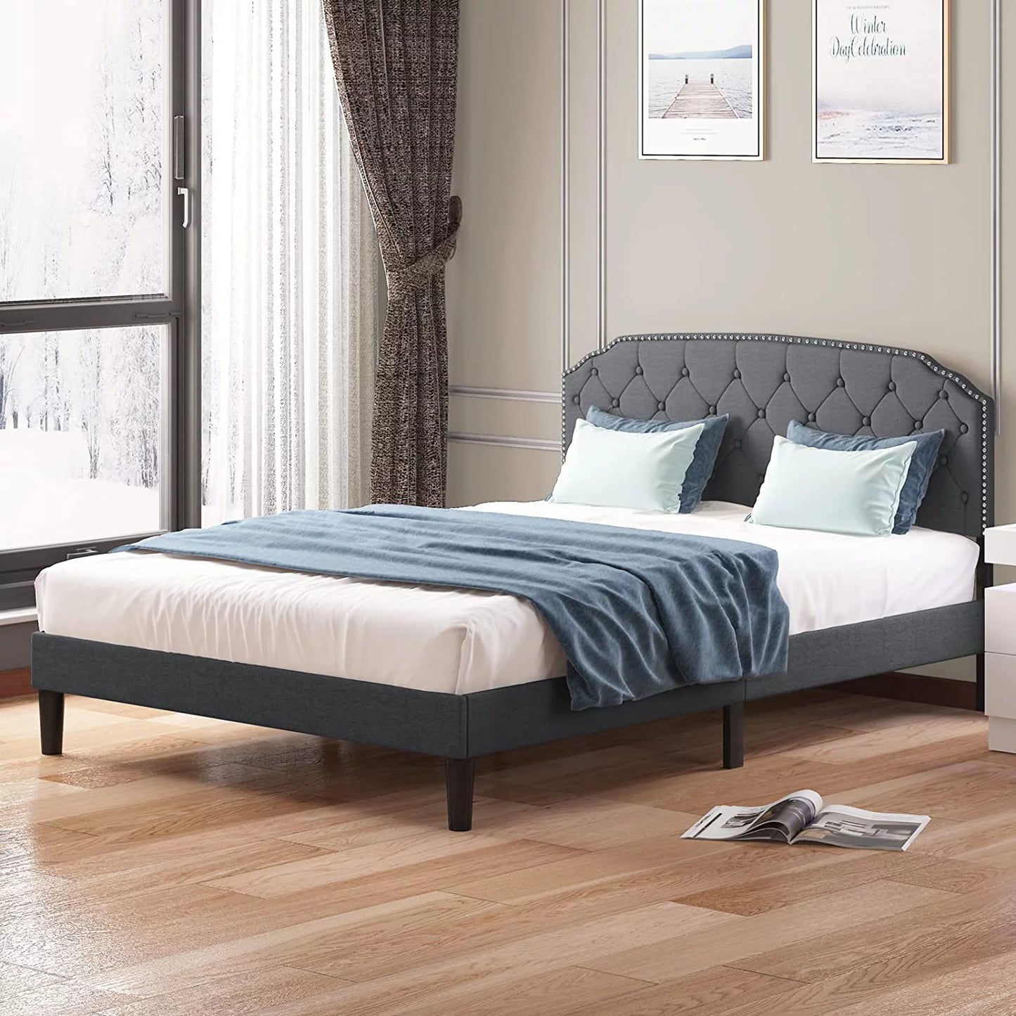 Queen Size Platform Bed Frame with Tufted Upholstered Headboard F240