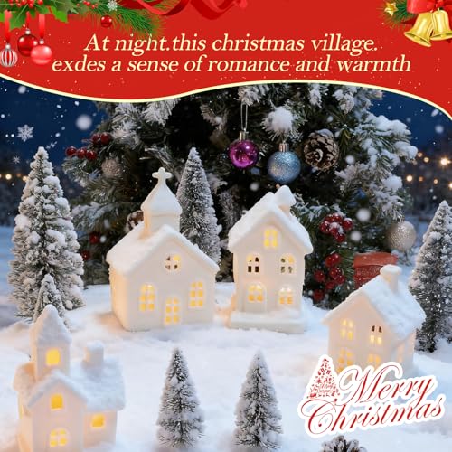 7PCS Christmas Village Sets - 3 LED Lighted Ceramic Houses with Remote & 4 Trees, Porcelain Miniature Decorations X236956