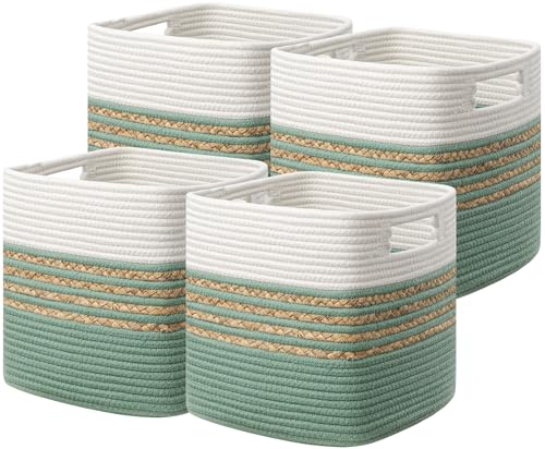 UBBCARE Set of 4 Storage Cubes 11 X 10.5 X 10.5 in, Water Hyacinth Storage Bins for shelves, Toys, Book, Storage Baskets with Handles, Cotton Rope Woven Baskets for Organizing, Brown