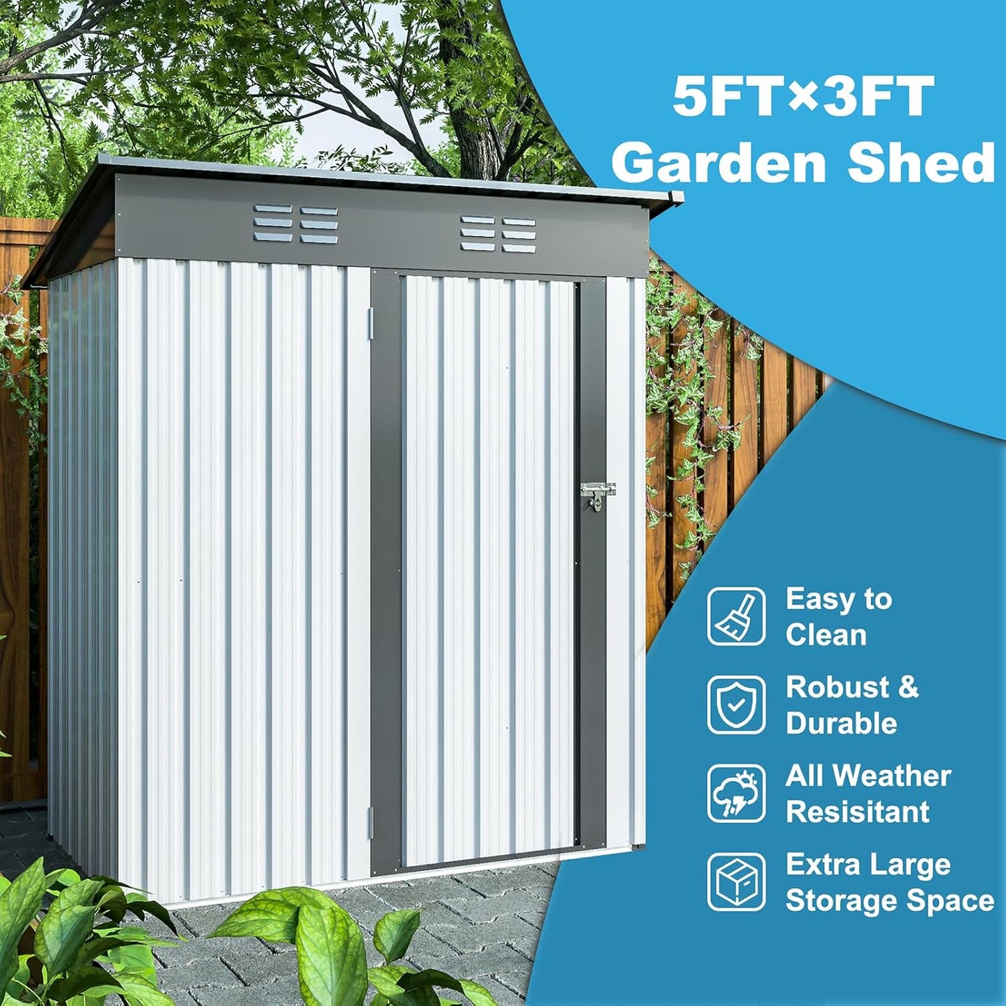 Outdoor Storage Shed, Galvanized Metal Garden Shed with Lockable Doors N58929