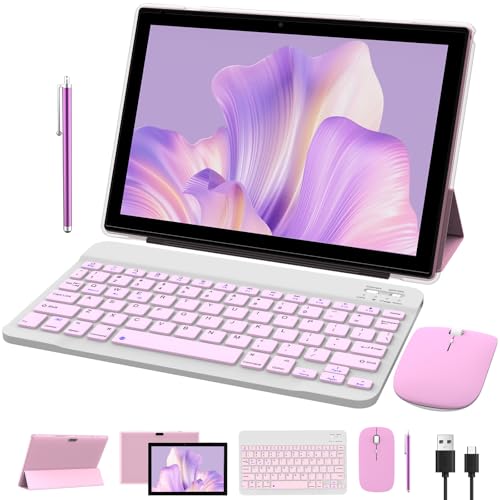 2 in 1 Tablet 10 Inch Android 14 Tablets, Tablet with Keyboard, Mouse, Case, Stylus, 64GB ROM+8GB RAM, 2MP+8MP Dual Camera, Quad Core Processor, 6000mAh Battery, 10.1 in FHD Tab Black Tableta