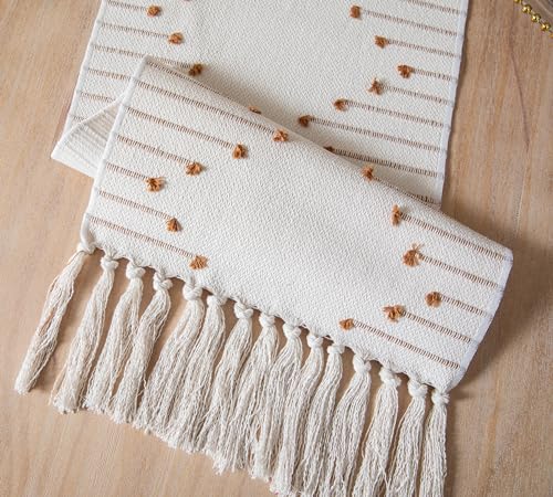 Christmas Table Runner 13 x 90 Inch Natural Cotton Woven with Tassels, Red and Beige U800