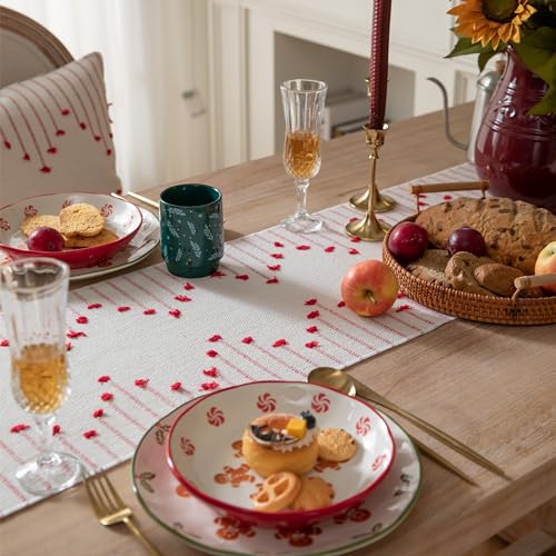Christmas Table Runner 13 x 90 Inch Natural Cotton Woven with Tassels, Red and Beige U800