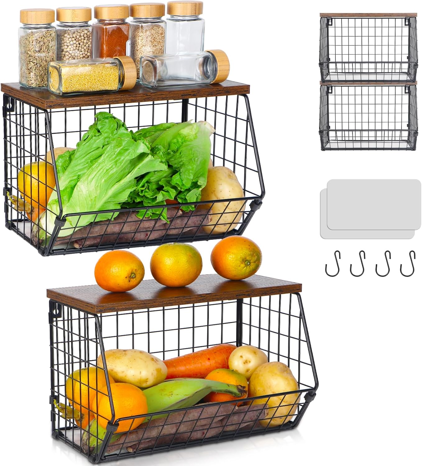2 Tier Fruit Basket for Kitchen Counter, Hanging Fruit Baskets for Kitchen, Wall Basket Storage with Hooks, Stackable Wire Baskets for Storage Pantry, Potato and Onion Storage Bins with Wooden Lid