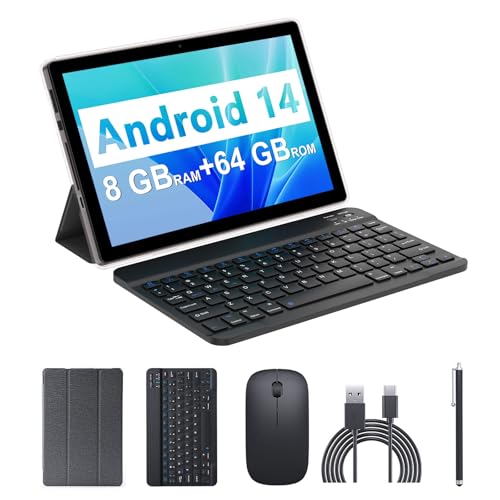 Android 15 Tablet, 10 Inch 18GB RAM+128GB ROM/2TB Expandable Tablet PC, Quad-core 2.0GHz Processor, 1280*800 10" HD Touch Screen, 2.4G/5G WiFi 6 BT 5.0, 2 in 1 Tablets with Keyboard Case Mouse Stylus