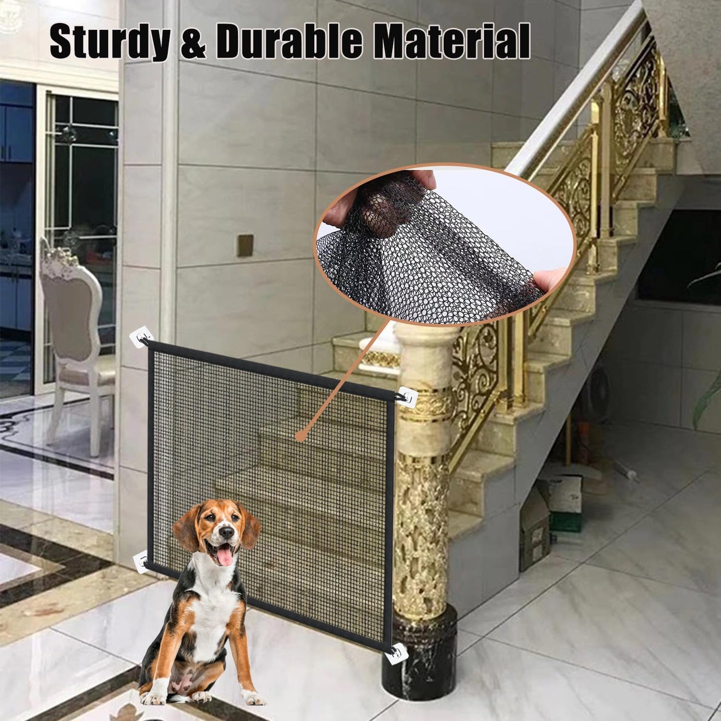 Portable Pet Gate for Doorways, Stairs, No Drill Mesh Safety Fence E931377