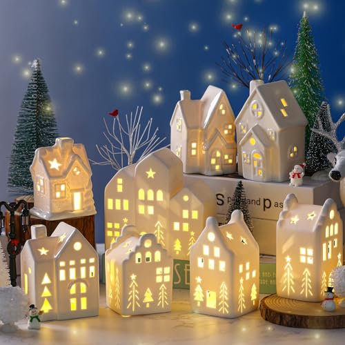 Ceramic Christmas Village Set with LED Houses and Trees H2141