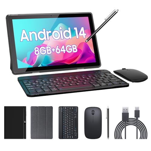 Tablet 2 in 1 Tablets 10 inch Android 14 Tablet Set with Keyboard Case Mouse Stylus Film, 8GB+64GB Tablets 10.1" Tab 1280*800 HD Touch Screen, 8MP Dual Camera Games Wi-Fi Bluetooth Tableta PC Blue.