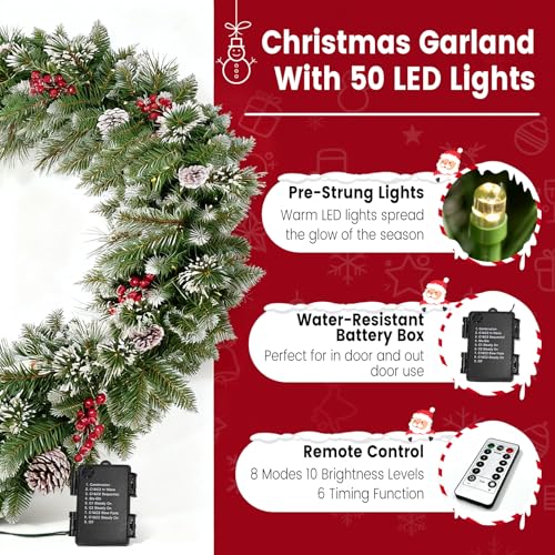 9ft Pre-Lit Christmas Garland with Pine Cones, Berries & Multicolor LED Lights B607