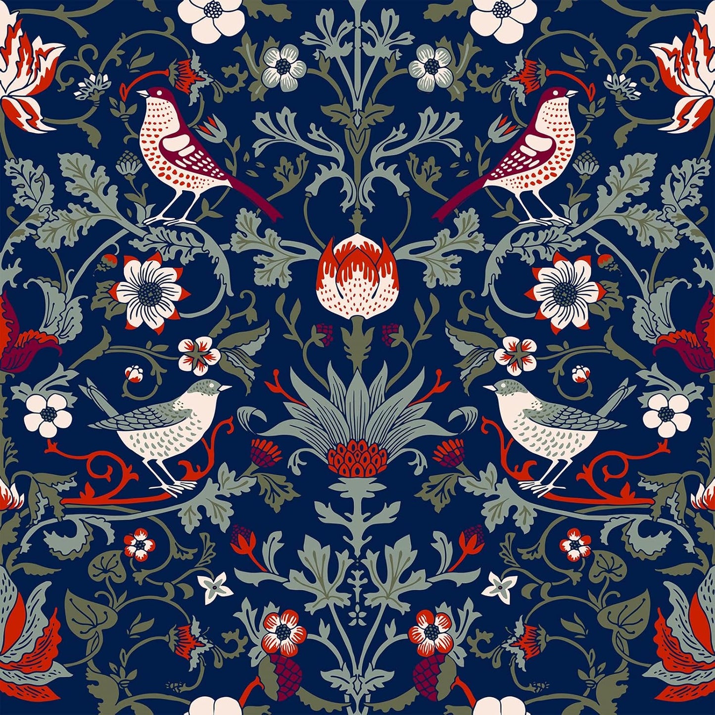 VEELIKE Vintage Birds Berries Floral Wallpaper 17.7''x118'' Navy Damask Floral Peel and Stick Wallpaper Removable Self Adhesive Wall Mural Blue Contact Paper for Bedroom Bathroom Walls Cabinets Shelf