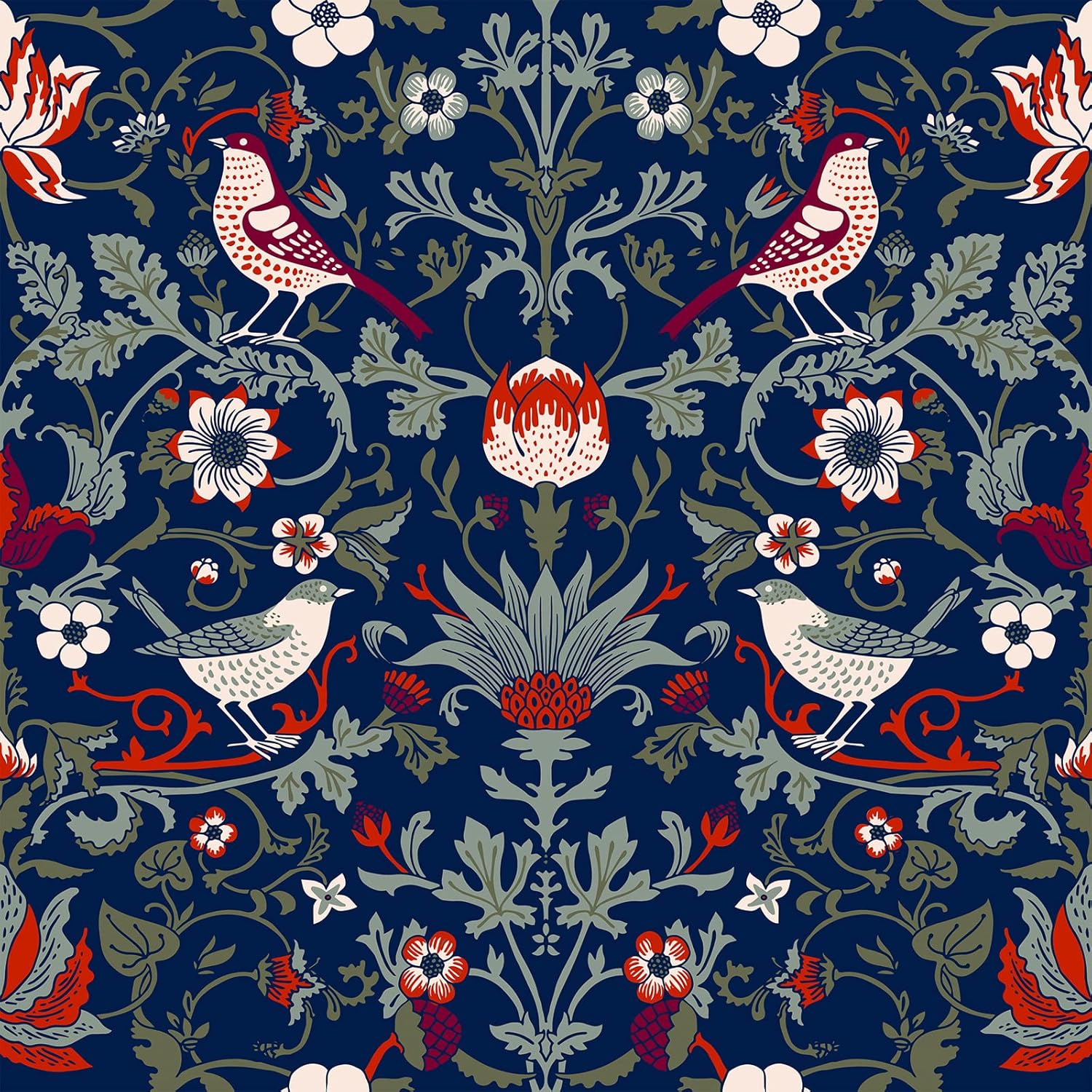 VEELIKE Vintage Birds Berries Floral Wallpaper 17.7''x118'' Navy Damask Floral Peel and Stick Wallpaper Removable Self Adhesive Wall Mural Blue Contact Paper for Bedroom Bathroom Walls Cabinets Shelf