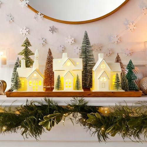 White Ceramic Christmas Village Houses with LED Lights, 3 Pieces with Trees Q945