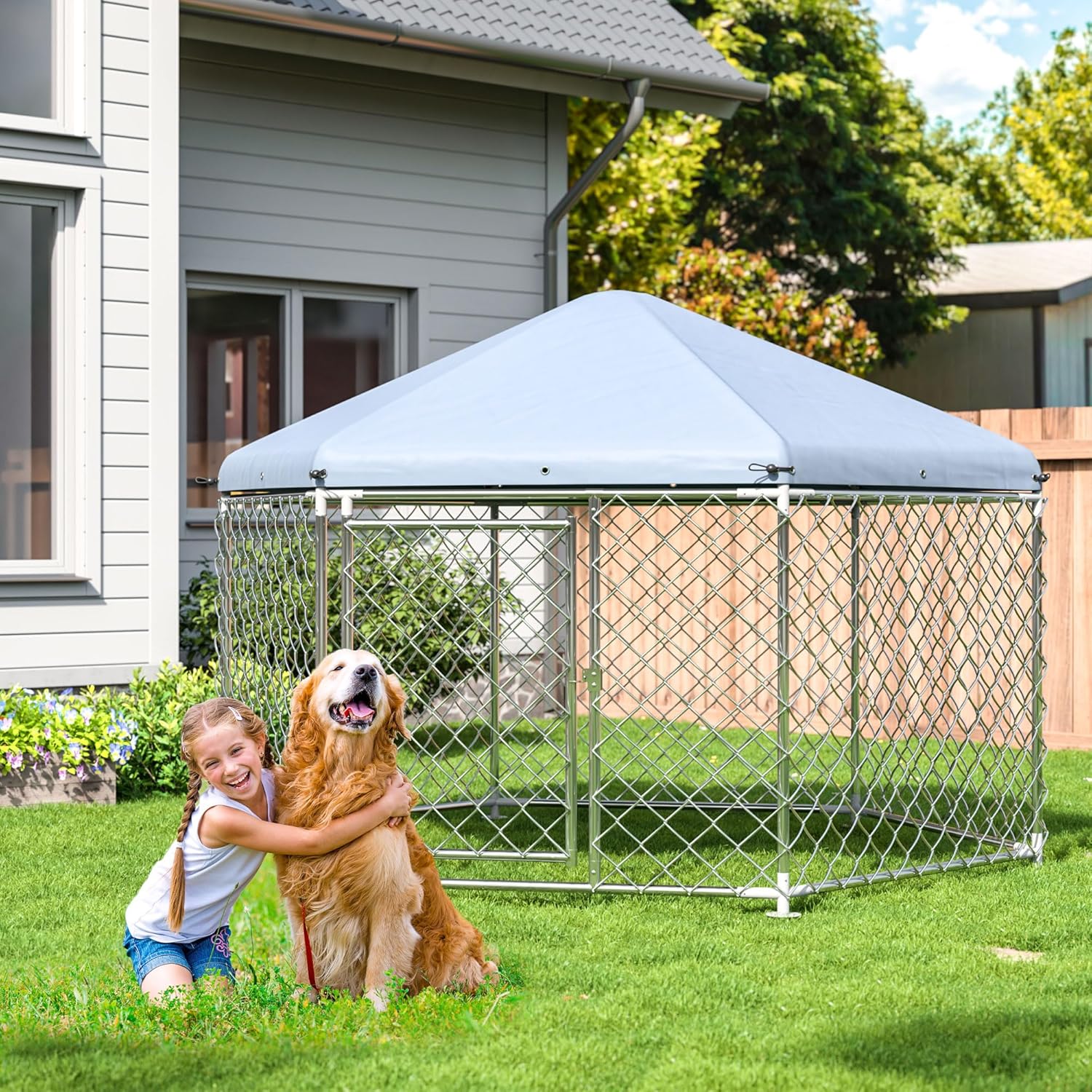 DAKITO 6.9x6.9x4.9 FT Large Dog Kennel Outside with Roof,Outdoor Dog Kennel with Metal Gate,Heavy Duty Dog Kennel with Lock for Outdoor Backyard