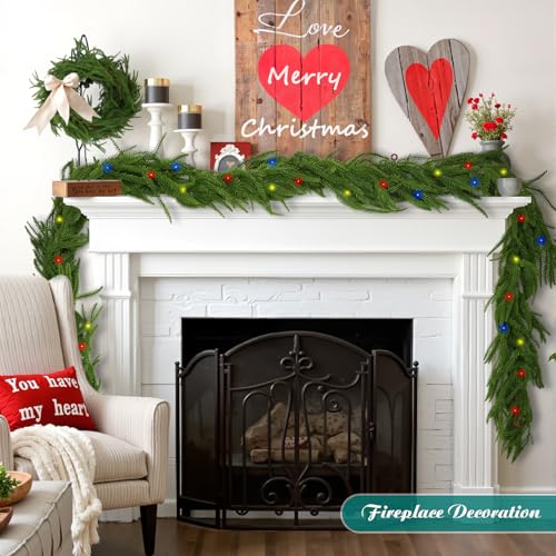 9ft Pine Garland with Lights, Artificial Greenery for Mantle Fireplace Holiday Decor E73429