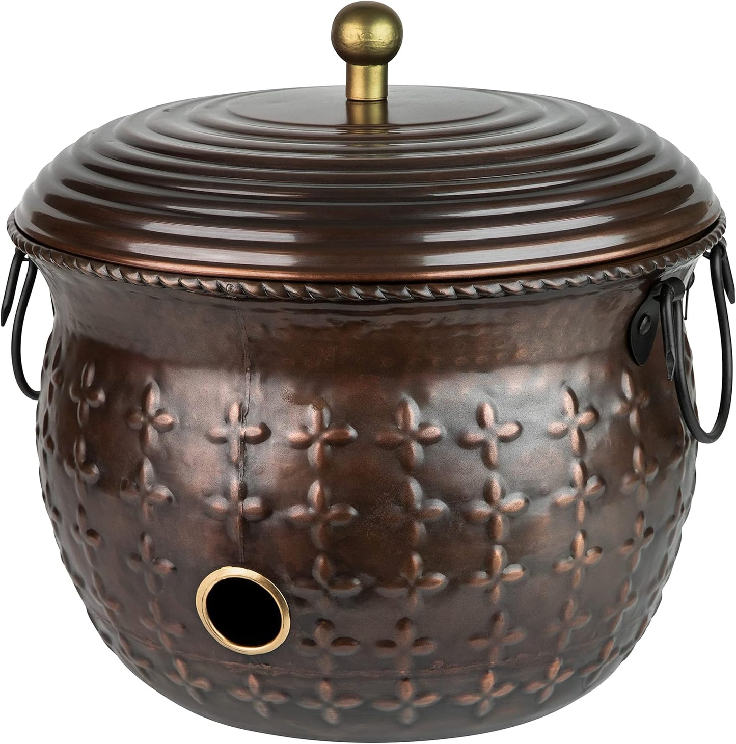 LifeSmart Decorative Garden Hose Storage Holder Pot Copper with Lid Antique Green Finish Lattice Steel | Expandable Water Hose Container 17 x 11.5 inches | Heavy Duty Hose Hider l Holds 125 ft Hose