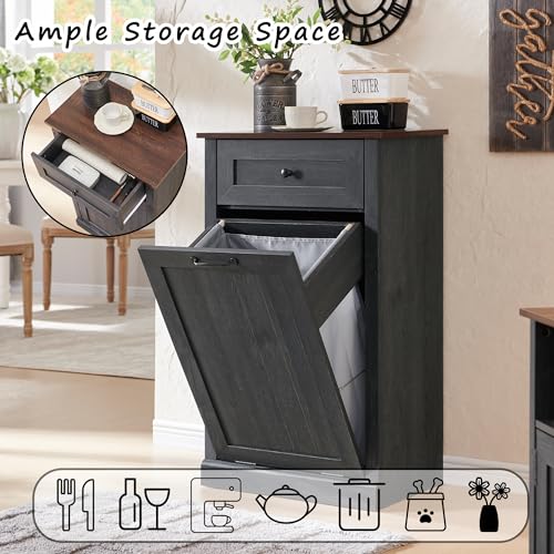 Tilt Out Trash Cabinet with Barn Door, 10 Gallon Garbage Bin and Storage Basket, Dark Grey X67057
