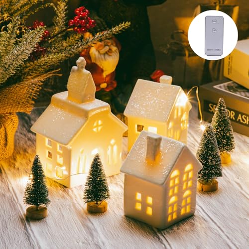 7PCS Christmas Village Sets - 3 LED Lighted Ceramic Houses with Remote & 4 Trees, Porcelain Miniature Decorations X236956