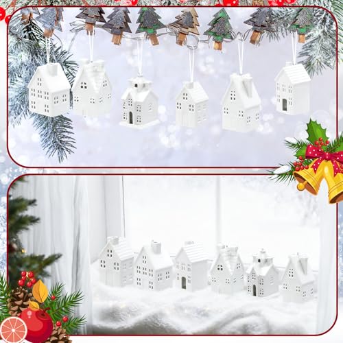 Set of 6 White Ceramic Christmas Village Houses Tabletop Decorations G339