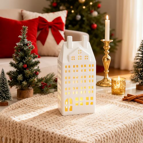 Light Up Christmas Village Set, White Ceramic House with Lights, Tabletop Decor X84474