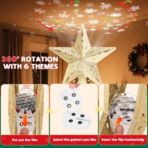 Christmas Tree Topper Lighted with 6 Projection Slides, Snowflake LED Rotating 3D Glitter Tree Topper O28849