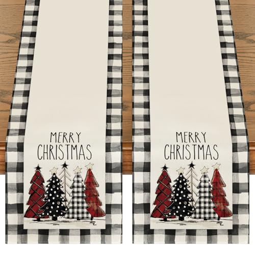 Buffalo Plaid Christmas Trees Table Runner, Winter Holiday Kitchen Dining Decor, 13 x 108 Inch A940