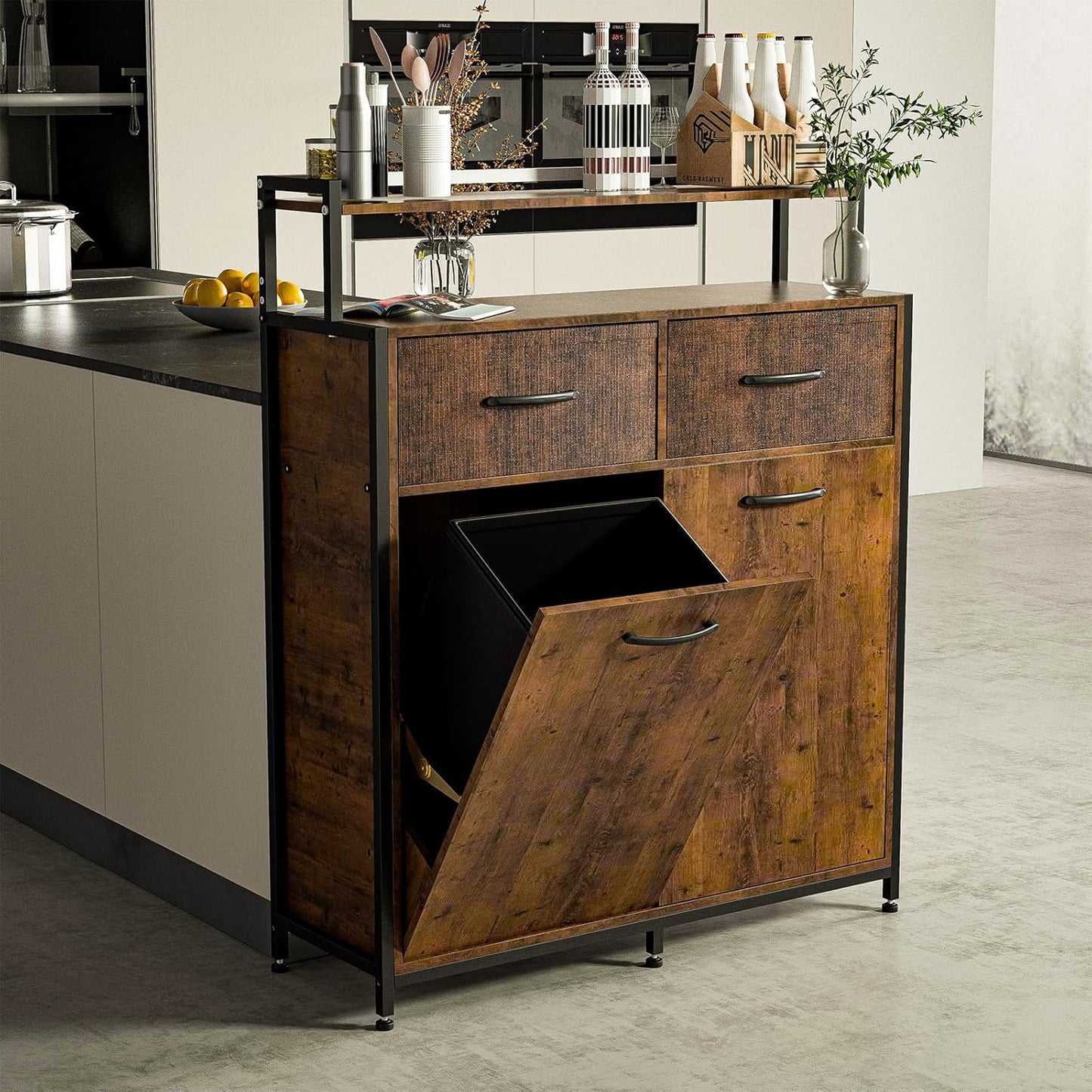 Dual Tilt-Out Trash Cabinet with 2 Drawers and Shelf, 10 Gallon A642207