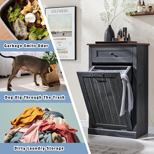 Tilt Out Trash Cabinet with Barn Door, 10 Gallon Garbage Bin and Storage Basket, Dark Grey X67057