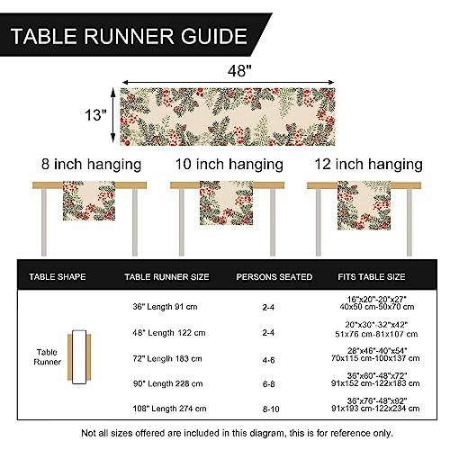 Winter Pine Cone Berry Table Runner, Watercolor Botanical Kitchen Decor, Christmas Farmhouse Dining Decoration 13 X 72 S13131