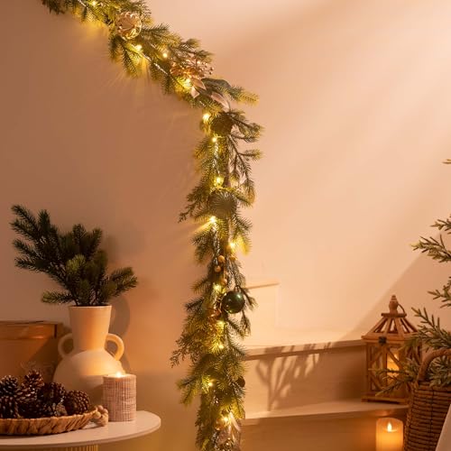 Christmas Garland with Lights, 6Ft Prelit for Mantle, Stairs Railing, Green Gold R97358
