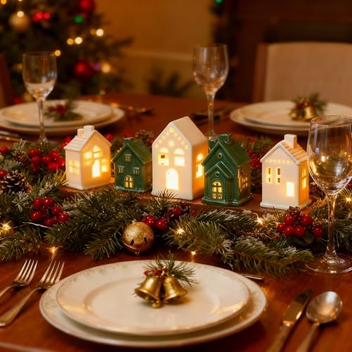 Ceramic Christmas Village Houses LED Lighted Set for Tabletop Mantel Decor D9921