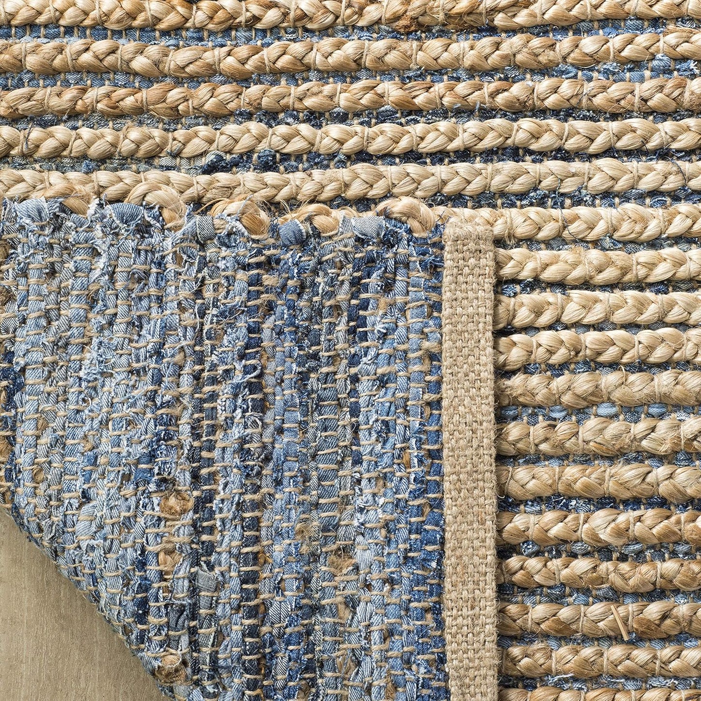 Handmade Braided Stripe Jute Accent Rug - 3' x 5', Natural & Blue D3918