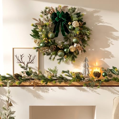 Christmas Garland with Lights, 6Ft Prelit for Mantle, Stairs Railing, Green Gold R97358