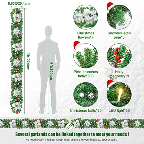 Pre-lit Christmas Garland with LED Lights, Red Flowers and Berries C561701