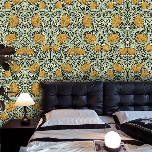Peel and Stick Wallpaper, Vintage Floral Green Wall Mural, Removable Pre-Pasted Contact Paper for Bedroom O6980