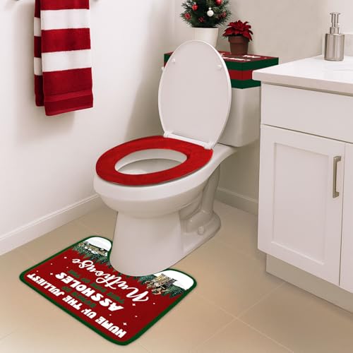 Christmas Vacation Bathroom Decorations, Set of 4 Holiday Toilet Seat Cover Sets with Rug and Tank Cover E112979