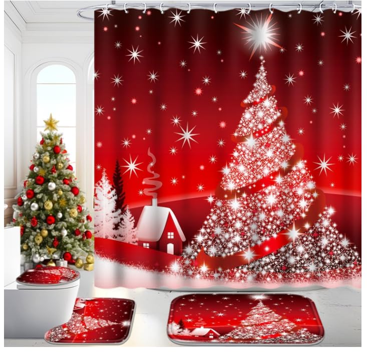 Christmas Bathroom Set with Shower Curtain, Rugs, and Hooks A88035