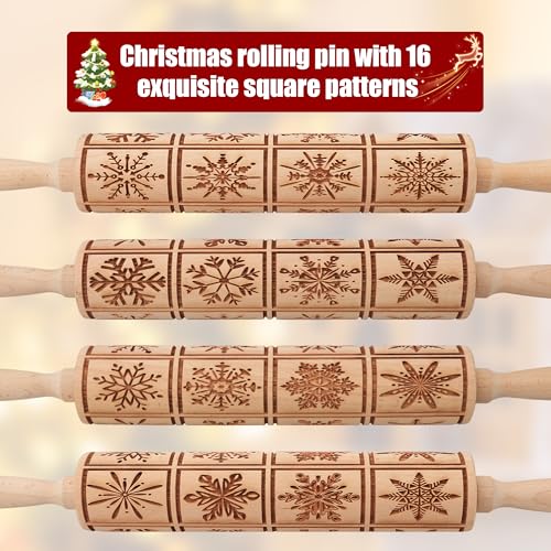 Wooden Rolling Pin for Baking with Christmas Embossed Designs, Includes Cleaning Brush O863
