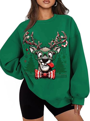 Funny Reindeer Graphic Sweatshirt Oversized Christmas Pullover J1348