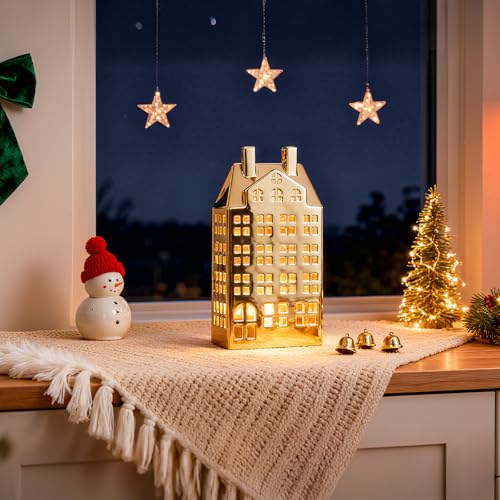 Light Up Christmas Village Set, White Ceramic House with Lights, Tabletop Decor X84474